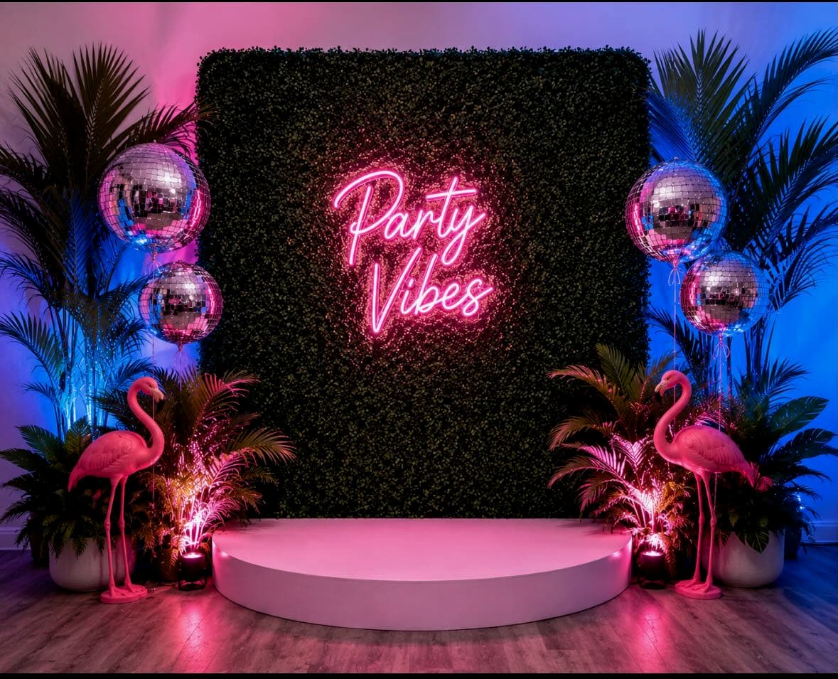 Custom neon photo wall with flamingos and disco ball balloons, designed by Lindsey Rose Events